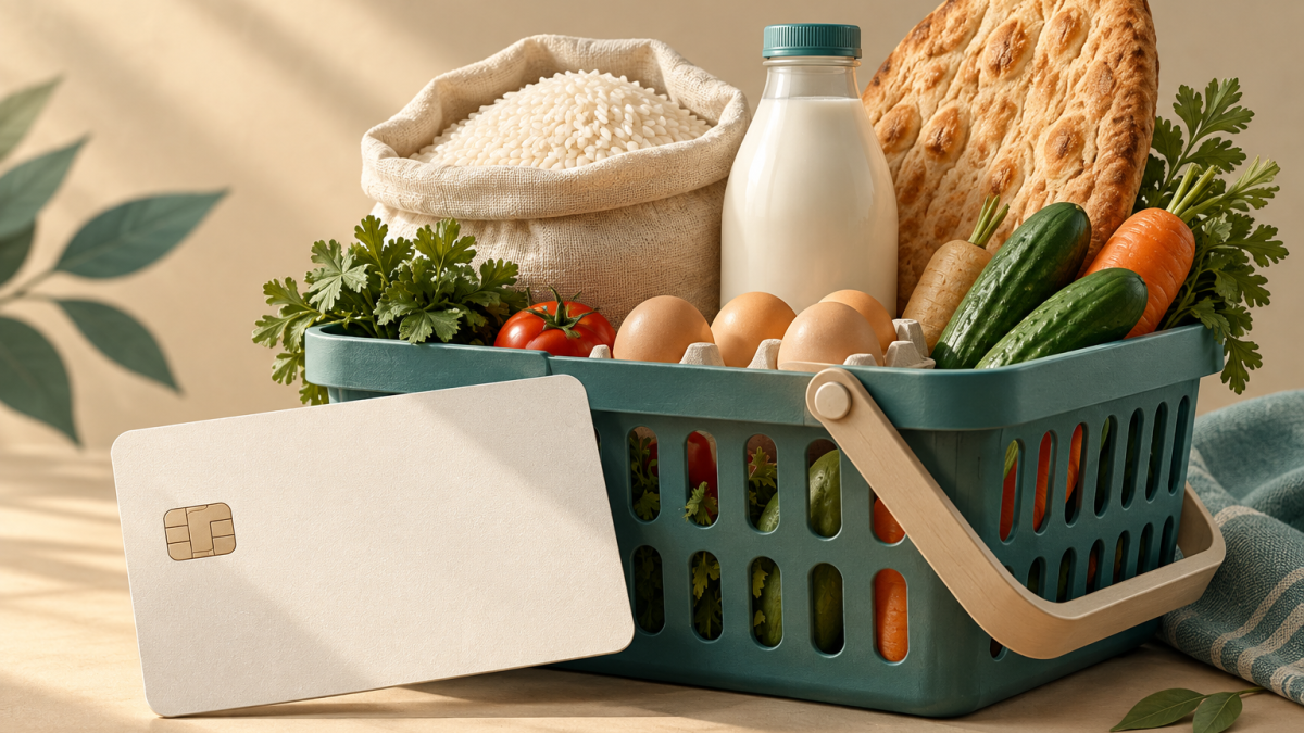 تصویر مفهومی سبد مواد غذایی و کارت الکترونیکی بدون نشان برای حمایت معیشتی خانوارها